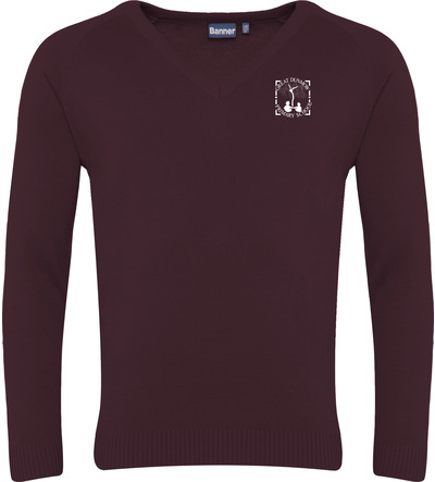 Great Dunmow Knitted V-Neck Sweatshirt Maroon with or without School Crest