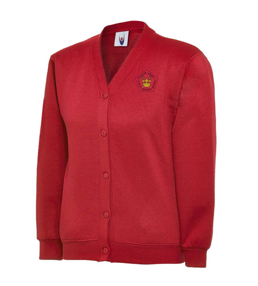 Matching Green Cardigan Red with School Crest 