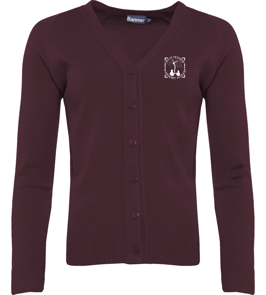 Great Dunmow Knitted Cardigan Maroon with or without School Crest