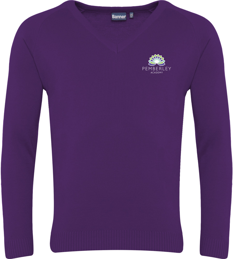 Pemberley V Neck Knitted Jumper Purple with School Crest (Year3+)
