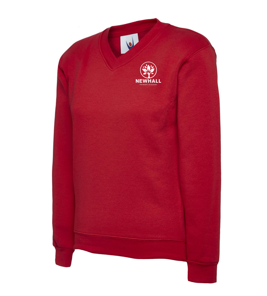 Newhall Primary V Neck Sweatshirt Red with or without School Crest